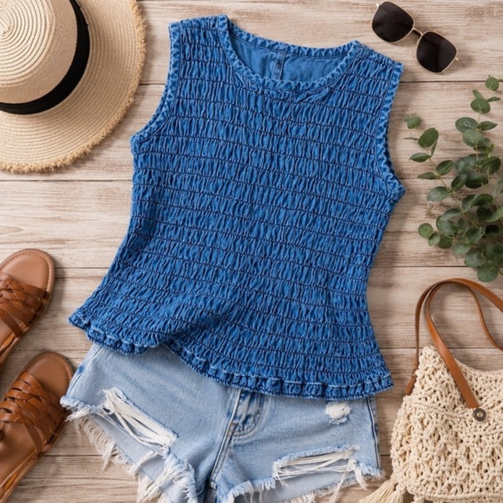 Angelique Smocked Denim Tank Top Medium Blue Sleeveless‎ Cotton Boho Western Y2K